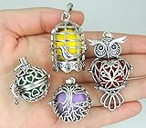 4pcs Mix Hollow Bird Cage Owl Heart Tree Locket Add Your Own Pearls, Stones, Rock to Cage,Perfume Fragrance Essential Oil Aromatherapy Diffuser Charms Pendant Necklace
