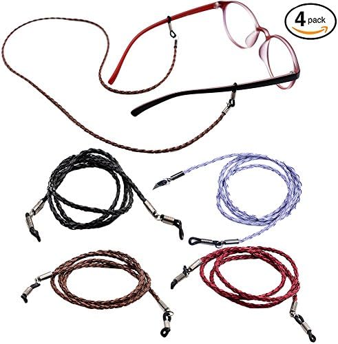 Kiwitwo 4 Pack Eyeglass Strap Chain Glasses Lanyard Classic PU Leather Non-Slip Design Universal Connector Fits For Most Eyewear (A)