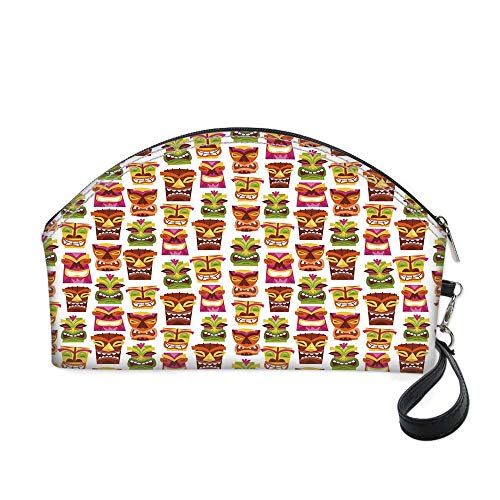 Tiki Bar Decor Small portable cosmetic bag,60s Retro Inspired Cute Hawaiian Party Happy Tiki Statues Pattern Colorful for Women,10.8"Lx3.3"Wx6.6"H
