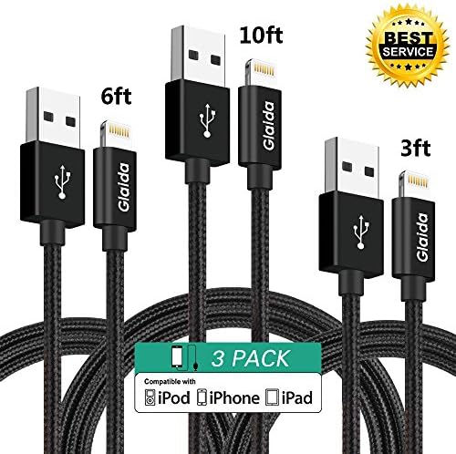 Glaida 3Pcs 3ft/6ft/10ft Nylon Braided iPhone Cable,8 Pin Lightning to USB Sync Date Charging Cable,Lightning to USB Charger Cord for iPhone 7/7 Plus,6/6Plus/6S,5/5S/5C/SE,iPad iOS Devices(Black)