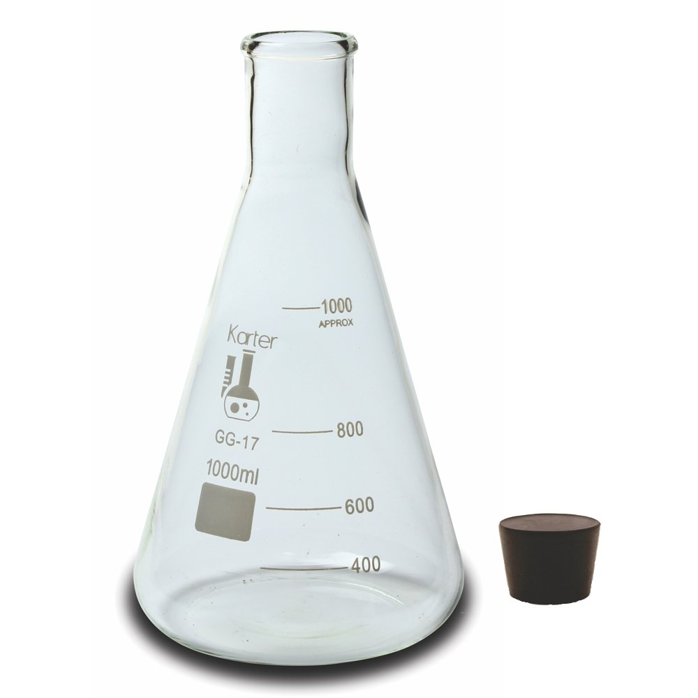 1000ml Narrow Mouth Erlenmeyer Flask with Rubber Stopper, Karter