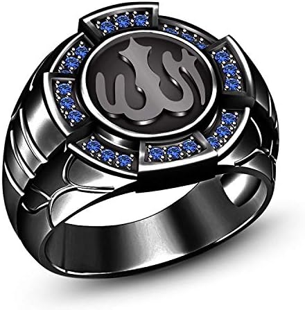 14k Gold Plated 925 Sterling Silver 0.25 CT Round Cut Blue Sapphire Allah Ring for Men's