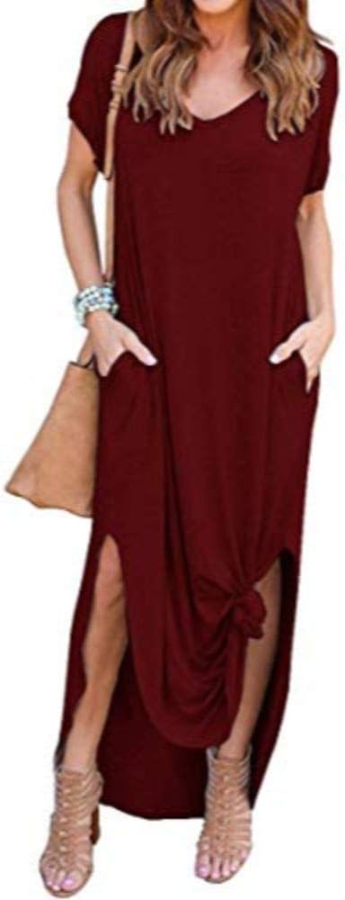 Cloe Valentine Women's Red Casual Loose Pocket Long Dress Short Sleeve Split Maxi Dress(LB91255,Red,XL)