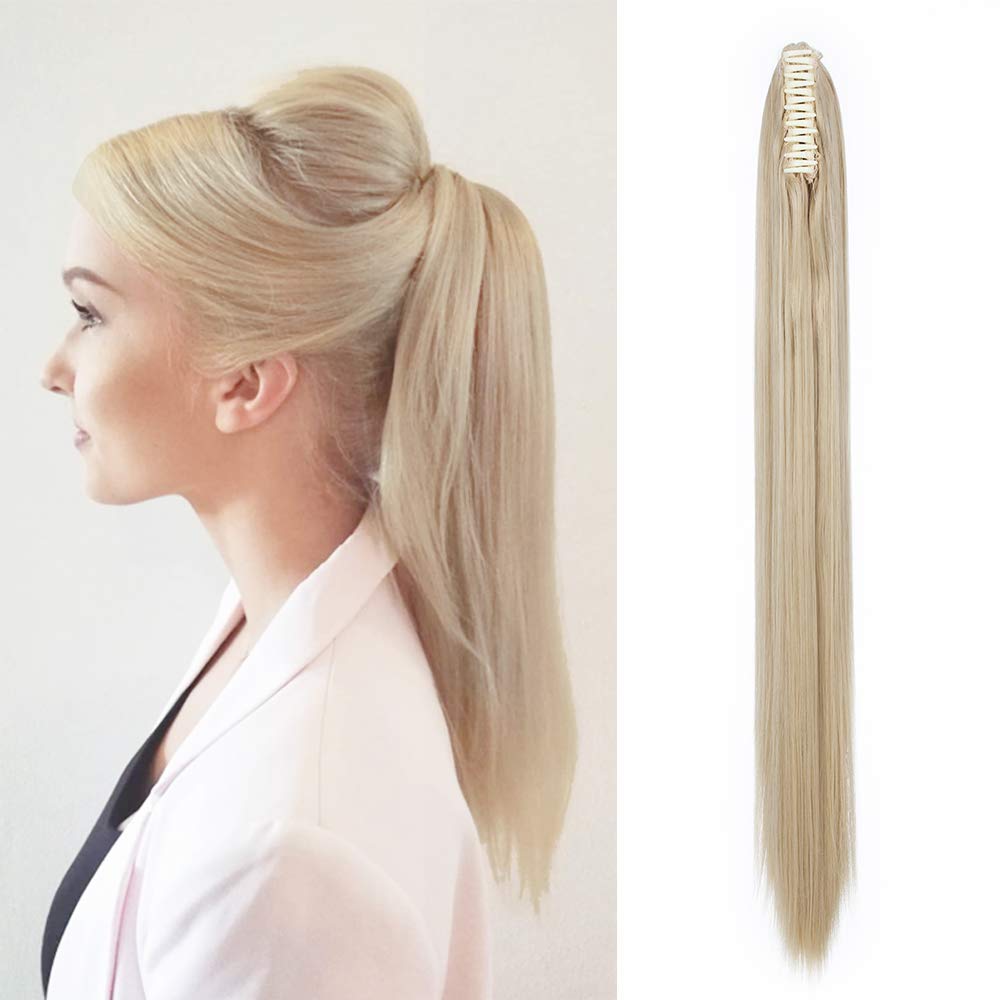 Claw on Ponytail Hairpiece 26inch Clip in Pony Tail Hair Extensions Wrap around Bonding Hairpieces Long Straight(Blond&Bleach Blond)