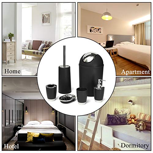 WOOPOWER 6pcs Bathroom Accessories Set, Including Toothbrush Holder, Waste Bin, Soap Dish, Toilet Brush, Rinse Cup, Sprayer Bottle, for Home, Office, Apartment, Hotel etc (Black)