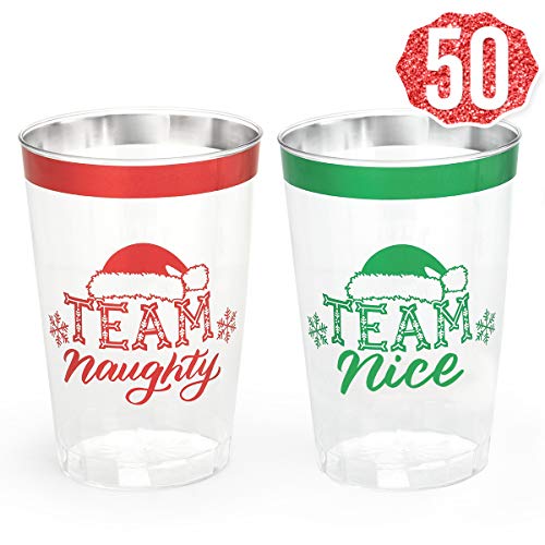 xo, Fetti Christmas Decorations Cups - 50 count, 12 oz | Team Naughty or Nice, Christmas Eve Disposable Drinkwear, Clear Plastic Cocktail Tumbler with Foil