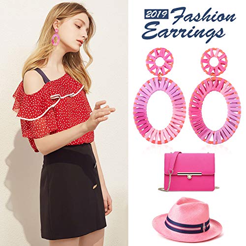 Statement Earrings for Women Rattan Drop Hoop Raffia Geometric Handmade Rainbow Earring Daily Party with Gift Box HLE142 Purple Pink - Thumbnail 3
