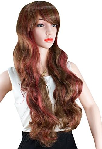 WELLKAGE Two Tone Long Wavy Highlight Multi-color Lolita Wigs (brown/red)