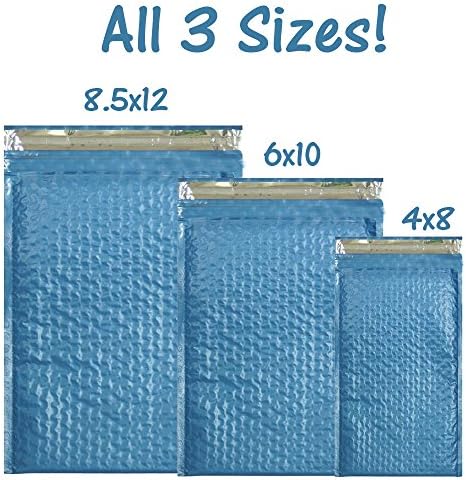 30 Assorted, 4x8, 6x10, 8x12 Inch Colored Poly Bubble Mailers, All 3 Sizes, Self Sealing Padded Envelopes with Kiss Lip Stickers (Metallic Blue)