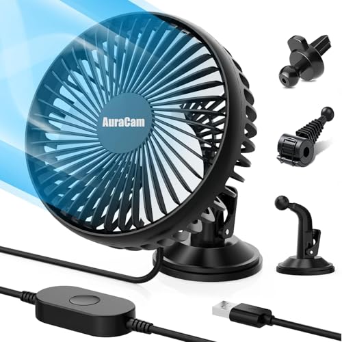 AuraCam 12V Car Fan, Mini Portable USB Fan for Passenger, 360 Degree Rotation, Car Seat Fan with 3 Strong Wind Speeds for SUV/RV/Truck/Saloon