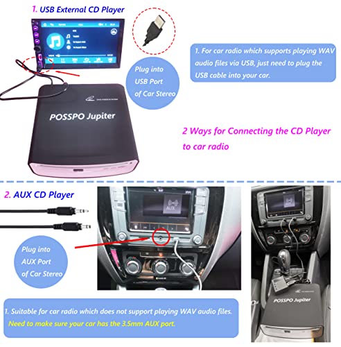 POSSPO Jupiter USB CD Player for Car Auto, Portable External CD DVD Player, USB Plug & Play (No Decoder Needed), AUX Uses Decoder for Louder Clearer Sound, Anti-Skip, Seamless Track Playback, Resume