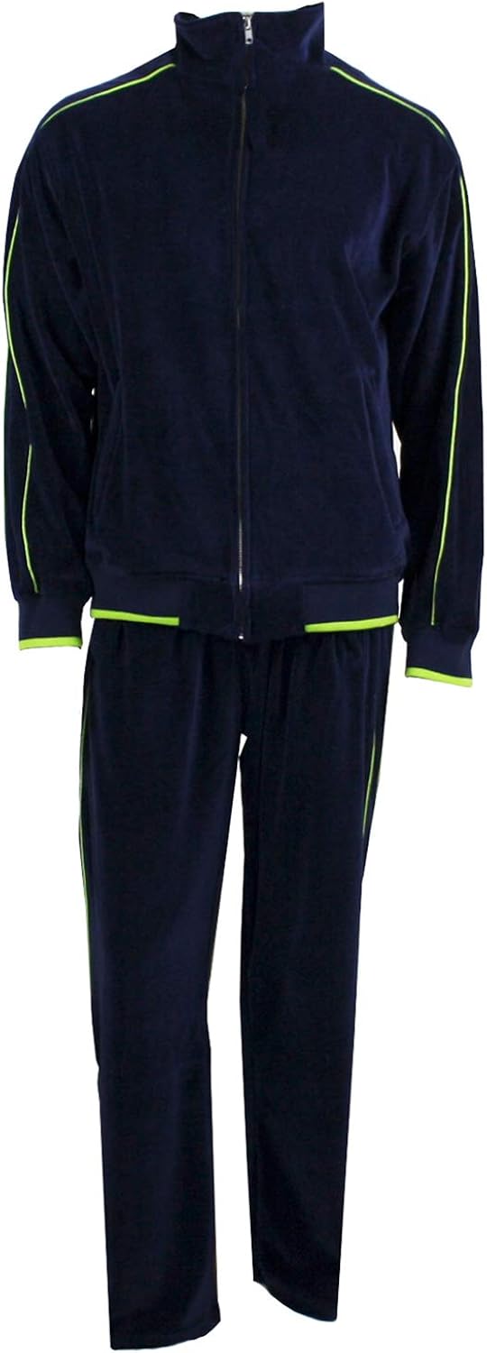 Sweatsedo Navy Blue Mens Velour Tracksuit with Lime Green Piping