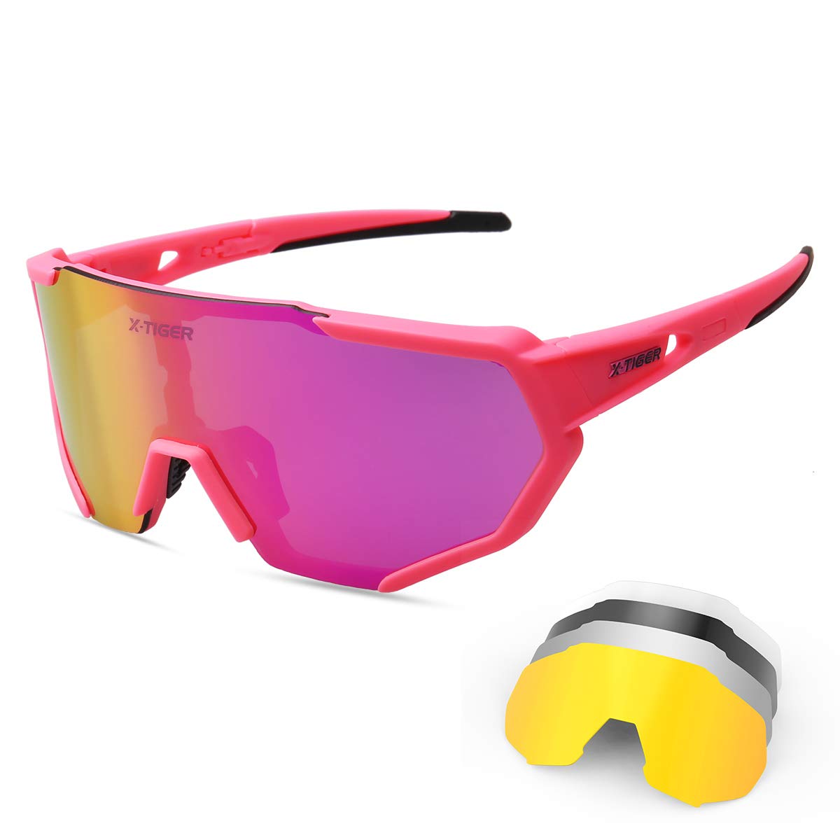 X-TIGER Polarised Sports Sunglasses Cycling Glasses Tr90 Superlight Frame with 3 Interchangeable Lenses UV400 Protection for Men Women (X-YJ-JPC09-5)