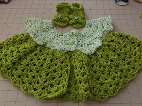 Hand Crocheted Baby Sweater, Dress, Topper, Green, White, in Cotton, 0-6 Months