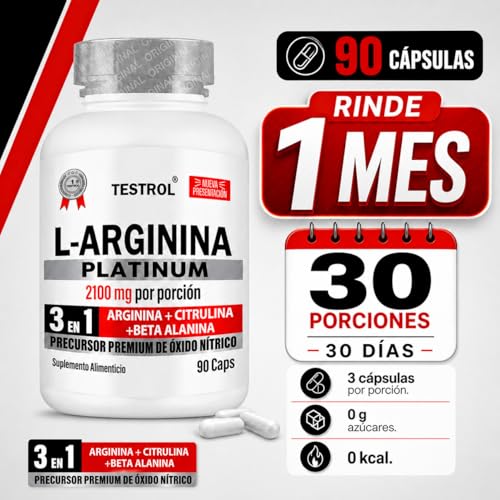 Arginina Platinum 2100mg por porción | L Arginina + L Citrulina + Beta Alanina | Pre Workout | Pre Entreno sin Cafeina | Precursor de Oxido Nítrico | Testrol TSN (90 Cápsulas).