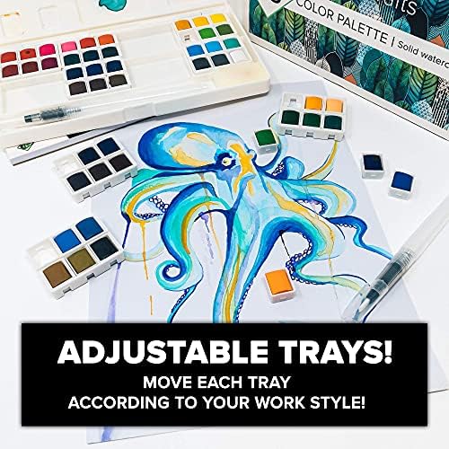 Watercolor brush set including pens and bonus paper on a table.