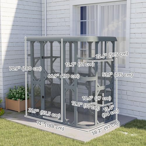 PawHut Catio Outdoor Cat Enclosure, 71" H Wooden Cat House with 5 Jumping Platforms, 2 Condos and Waterproof Cover, Walk-in Kitty Cage for 2–3 Kittens, Grey