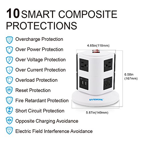 Safemore 6 Outlet Surge Protector Power Strip with USB Smart Charger (4 Port,5V 2.1A), AWG14 6.5ft Long Cord Extension, Home Office Desk Nightstand Charger Station (White+ Black)