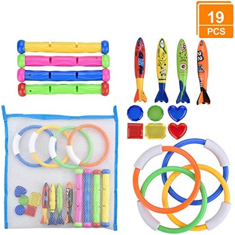 LinkBro [19 Pack] Diving Toys Set with Net Bag, Pool Toys for Kids & Swim Toys, Great Gifts &Toys for Boys and Girls, Ages 3, 4, 5, 6, 7, 8, 9, 10, 11, 12