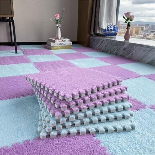 12 X 12 X 0.4 Inch, Tiled Puzzle Play Game Mats, Interlocking Carpet, EVA Foam Mats, Plush Protective Floor Tiles, Square Soft Fluffy Area Rugs Pad for Children Kids Room(Purple+White,9PCS)