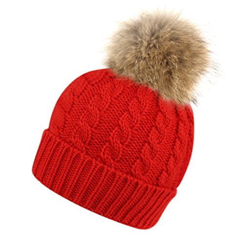 Womens Girls Knitted Fur Hat Real Large Raccoon Fur Pom Pom Beanie Hats,BN2354/RED,One Size - Thumbnail 3