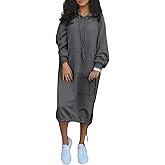 ebossy Women's Casual Loose Solid Color Drawstring Hoodie Fall Warm Cotton Sweatshirt Maxi Dress with Pocket