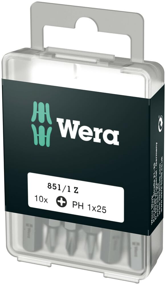 Wera 05072400001 Phillips Extra-Tough Bits 851/1 Z PH1 x 25 mm, Pack of 10, Silver