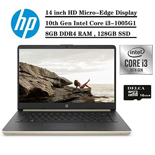 2020 Flagship HP 14 Laptop Computer, 14 inch HD Micro-Edge Display, Newest 10th Gen Intel Dual-Core i3-1005G1, 8GB DDR4 128GB SSD, USB-C WiFi BT 4.2 HDMI Win 10 (Gold) + Delca 16GB Micro SD Card