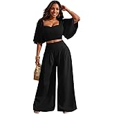 WUSENST Women's Summer 2 Piece Outfits 2025 Ruffle Sleeve Sweetheart Neck Crop Tops Wide Leg Pant Sets Casual Tracksuit
