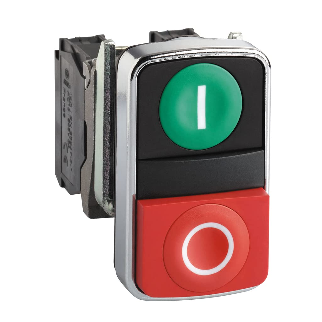 Schneider Electric Harmony XB4 - ON/OFF Push Button Switch, Metal, Green Flush Marked I, Red Projecting Marked O, 1NO + 1NC, 22 mm Mount, XB4BL73415