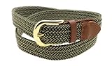 Olive & Beige Braided Elastic Stretch Leather Tipped Belt Gold Buckle