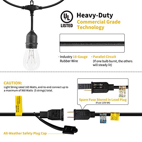 48Ft Outdoor Patio String Lights, Weatherproof Commercial Grade Lights