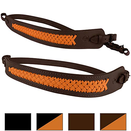 BRONZEDOG Genuine Leather Rifle Sling Braided Shotgun Strap Durable Hunting Shoulder Belt (Brown with Orange Branding)
