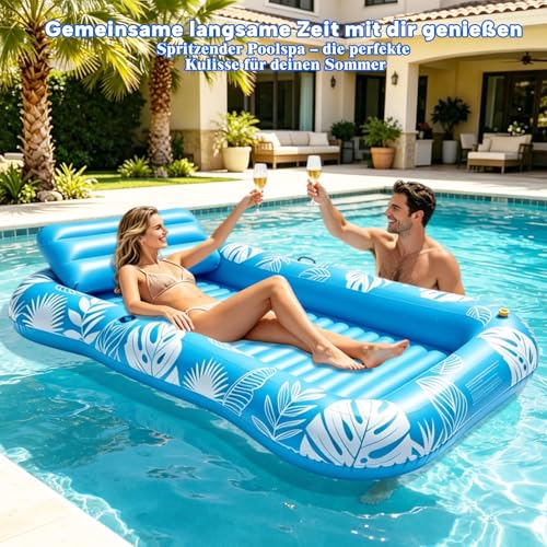 Inflatable Pool Mattress, Tanning Pool Adult with Cup Holder, Handles and Backrest, 200 × 124 cm Tanning Pool Hammock Water Tanning Mat for Garden Parties, Beach and Pool