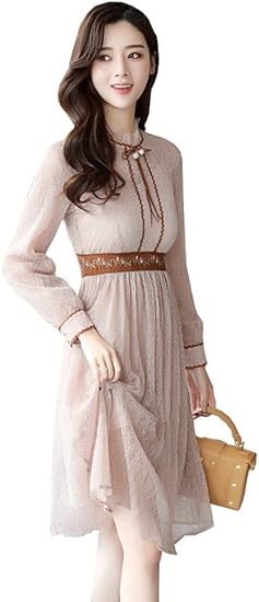 Amazon Fevon ワンピース レディース レース 長袖 春秋 春ワンピース きれいめ ロング 膝下 Aライン インナー キャミソール付き 2点セット スリム 着痩せ おしゃれ ドレス カジュアル フォーマル 結婚式 パーディー お呼ばれ ワンピース チュニック 通販