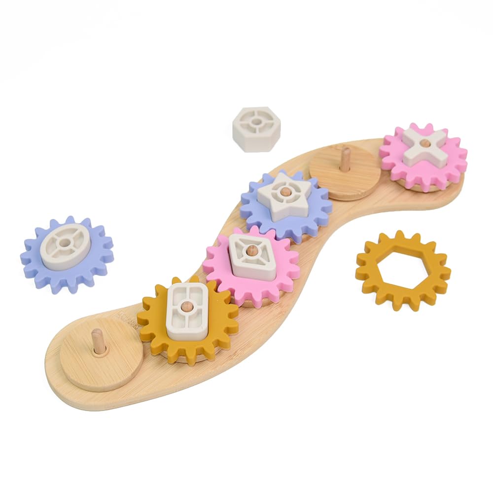 Sensory Junction Spinning Gear Cog Toy for Kids - Montessori Bamboo Base with Removable Cogs and Shapes | Developmental Toy for Motor Skills for Boys & Girls