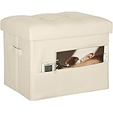 BelugaHelper Storage Ottoman Foot Rest Stool, Folding Leather Footstool Bench with Thicker Foam Padded Seat. Short Foot Stool Ottoman with Storage for Living Room Bedroom 350 lbs, 17x13x13in, Beige