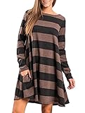 onlypuff Women's Casual Dress Striped Knee Length Flared Swing Cute with Pockets Irregular Hem