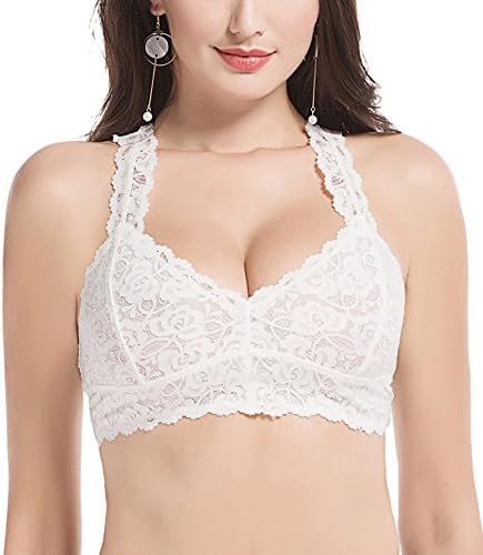 Vilania Women's Floral White Breathable Padded Lace Racerback Bralette Wireless Lingerie Bra Bustier Crop Top S-XL,TXZ8333-White-XL
