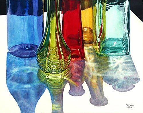 Glass Bottles Art Watercolor Painting Print by Cathy Hillegas, 8x10, Iridescence