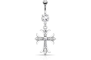 Pierced Owl 14G 316L Surgical Steel Celtic Cross with Paved Gems Dangling Belly Button Ring