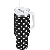 Gravopti Black and White Polka Dot 30oz Insulated Tumbler with Handle & Straw Lid, Stainless Steel Reusable Vacuum Travel Coffee Mug Leakproof Cupholder Water Bottle