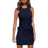 IHOT Women Crew Neck Casual Sleeveless Ruched Tank Stretchy Bodycon Tie Waist Dress 2021 Short Mini Dresses