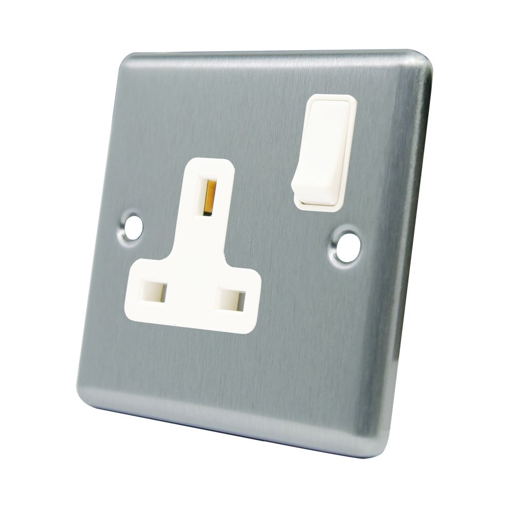 AET CSC1GSOCWH 13 A 1-Gang Satin Finish Chrome Classical Single Plug Socket with White Insert Plastic Rocker Switch