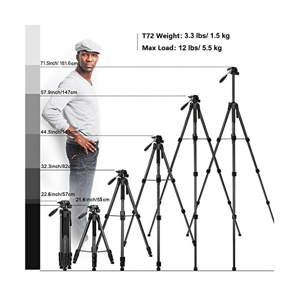 Victiv stativ Kamera 182 cm Aluminium Kamerastativ Einbeinstativ T72 Tripod- Leicht und Kompakt Reisestativ für unterwegs mit 360° Panorama Kugelkopf und 2 Schnellwechselplatte für DSLR - Schwarz – Bild 7