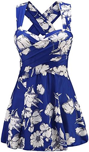 Women's One Piece Sakura Floral Print Criss Cross Swim Dress Swimsuit, Royal Blue, US 16 = Tag 5XL