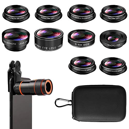 Phone Camera Lens, Cell Phone Lens Kit, 8X Zoom Lens/Fish Eye Lens 198°/Telephoto Lens 2X/15X Macro Lens/CPL Lens/Radial Lens/Kaleidoscope Lens/Filter Lens, for iPhone and Android Smartphones