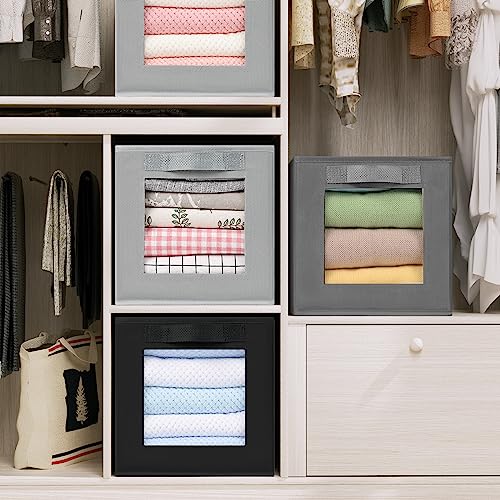 DIMJ Foldable Storage Boxes with Transparent Window Fabric Collapsible Storage Bin Basket with Handle for Wardrobe, Closet, Shelves Organiser (3 Pieces)