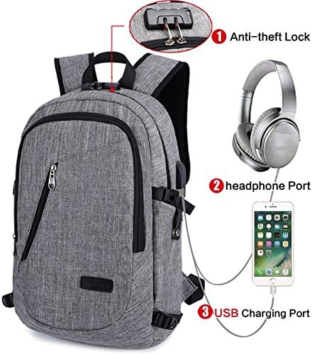 Anti-theft water Resistant Laptop Backpack with USB Charging Port headphone Port and Lock Fits Under 17-Inch Laptop and Notebook Daypack (3-Gray)