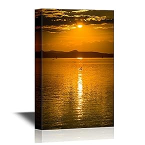 Canvas Wall Art - Sunset Over The Balaton Lake with The Swan - Gallery Wrap Modern Home Art | Ready to Hang - 12x18 inches